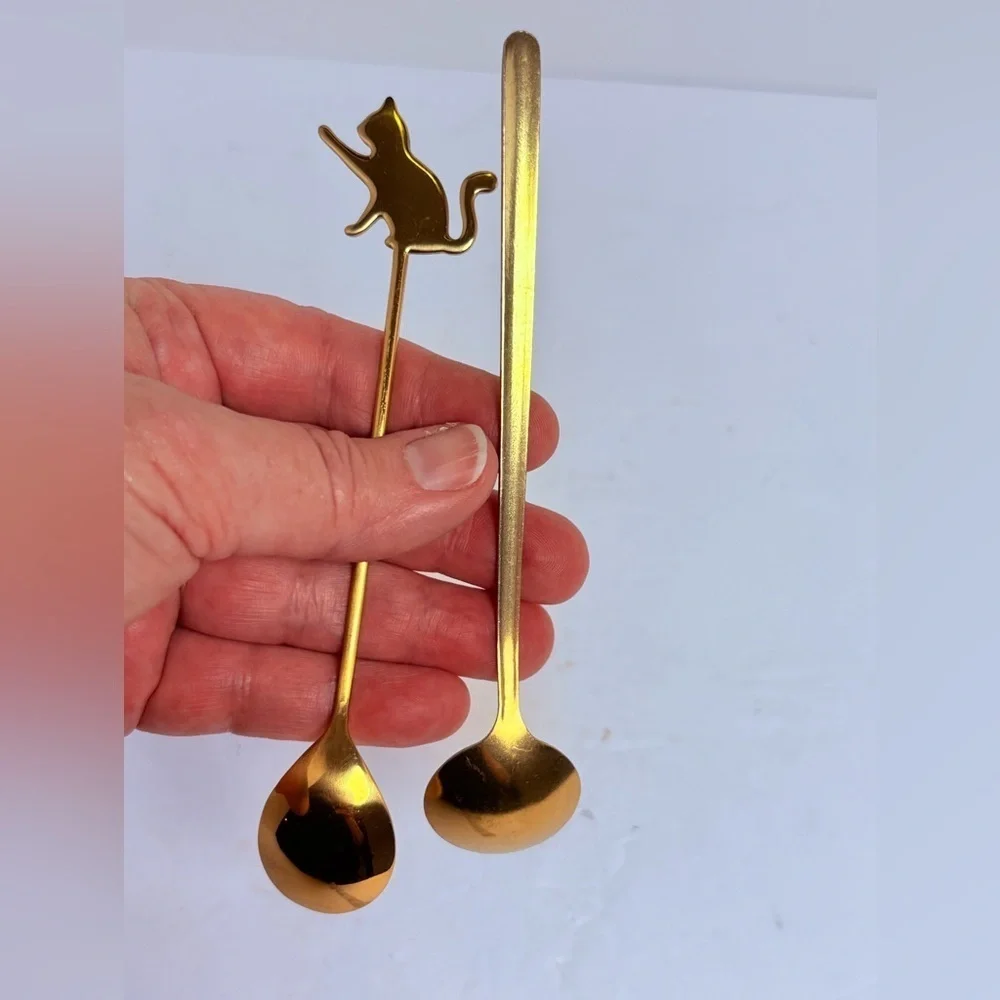 Vintage Gold Colored Cat Stirring Spoon and Regular Spoon